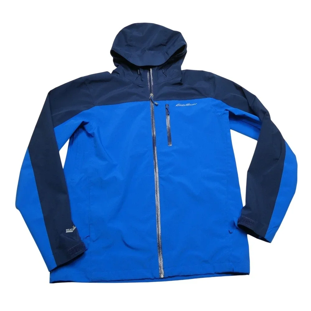 Eddie Bauer Jacket Mens Medium Blue WeatherEdge Stretch Hooded Waterproof Zip
